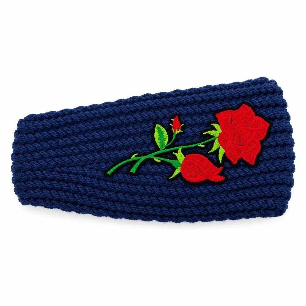 Navy Blue Cable Knit Rose Embroidered Headband Ear Warmer WT-510R New